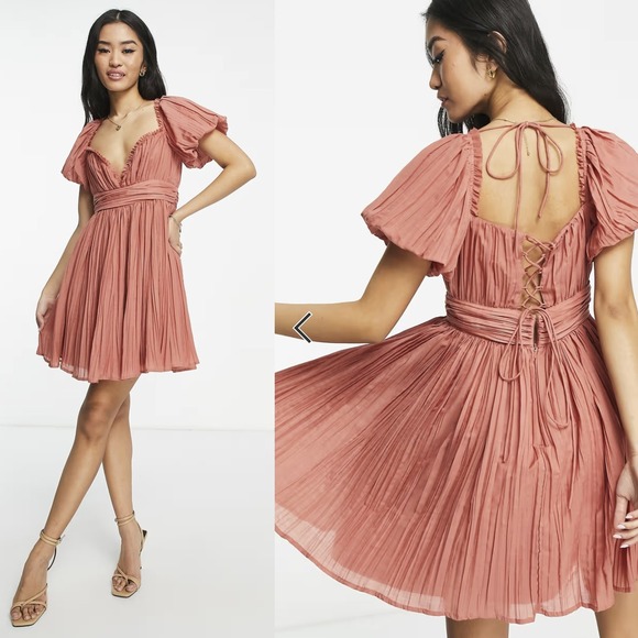 ASOS Dresses & Skirts - ASOS DESIGN Plisse Mini Dress Puff Sleeve in Rose S Babydoll